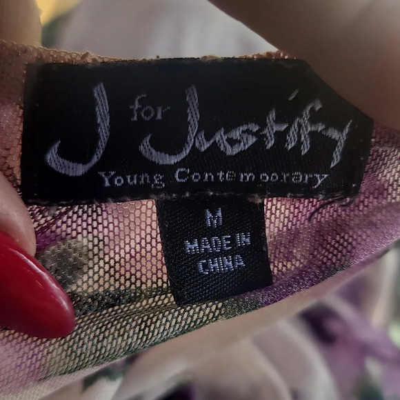 J for justify purple sheer mesh crop top short sleeve stretch blouse medium - Picture 2 of 5